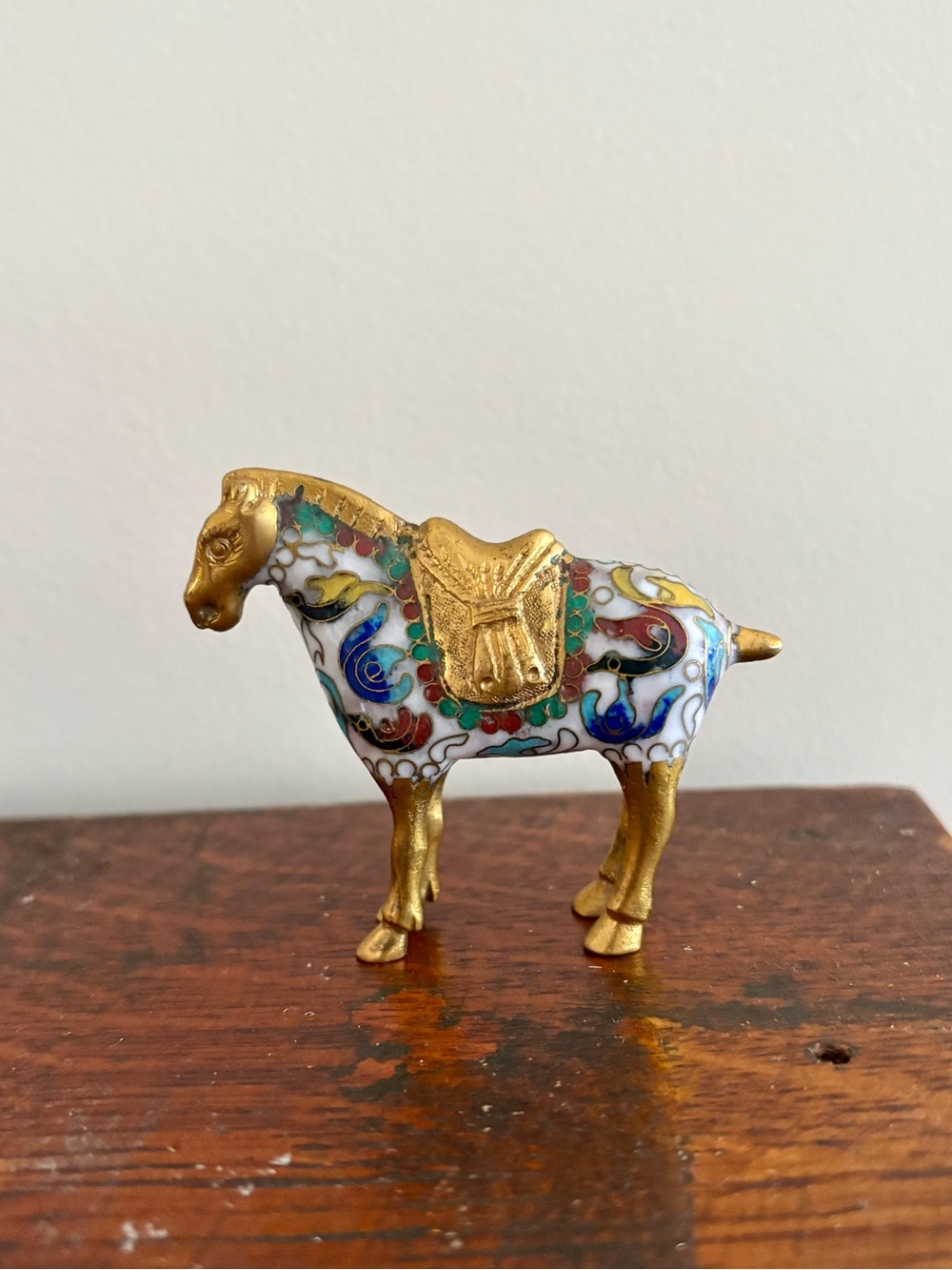 Gold and Multicolor Cloisonné Horse Figurine - Decorative Home Art